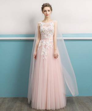 Pink Lace Round Neck Long Prom Evening Dress