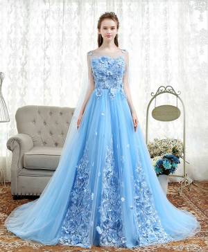 Blue Tulle Round Neck Long Prom Evening Dress