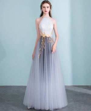 Gray/Gradient Color Tulle Long Prom Evening Dress