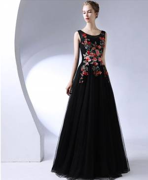 Black Round Neck Long Prom Evening Dress