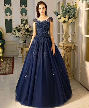 Dark/Blue Tulle Lace Round Neck Unique Long Prom Evening Dress