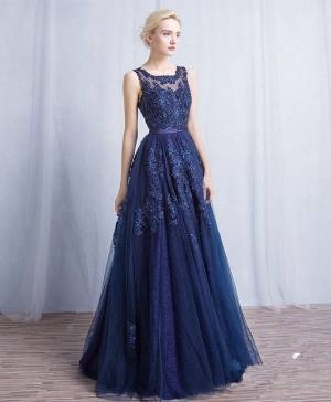 Floor Length Navy Blue Round Neck Tulle Prom Dress With Lace Applique