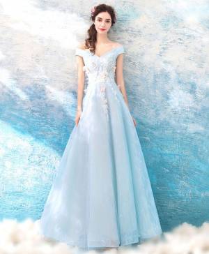 Pink/Blue Tulle Lace V-neck Long Prom Evening Dress