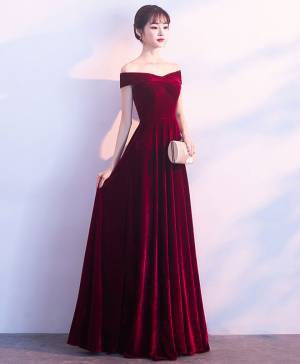 Burgundy V-neck With Velvet Long Prom Evening Dress