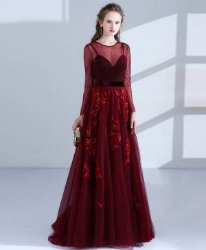 Burgundy Lace Long-sleeves Long Prom Evening Dress