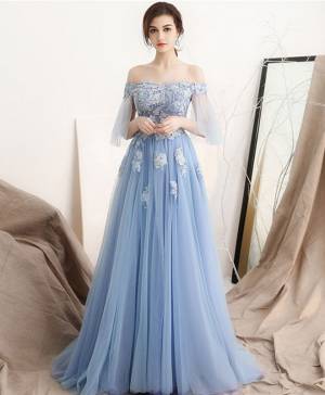 Blue Tulle Off-the-shoulder Unique Long Prom Evening Dress