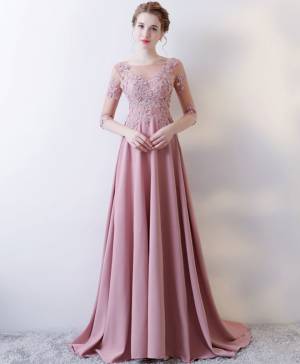 Pink Lace Long-sleeves Long Prom Evening Dress