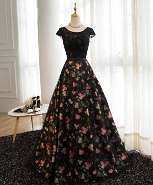 Black Lace With Floral Pattern Long Prom Evening Dress