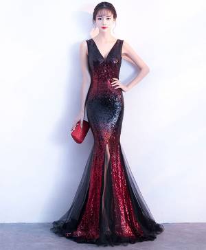 V-neck With Sequins Long Mermaid Prom Formal Dress