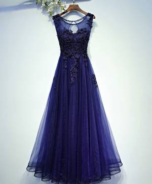 Blue Lace Tulle Round Neck Long Prom Evening Dress