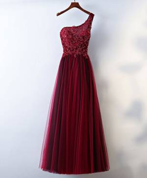 Burgundy Lace One Shoulder Long Prom Evening Dress