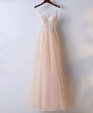 Champagne Tulle Lace V-neck Long Prom Evening Dress