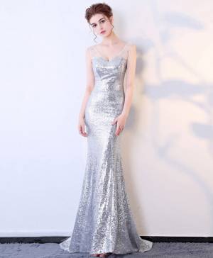 Silver V-neck With Sequins Long Prom Mermaid Evening Dress