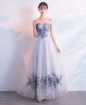Gray Tulle Lace With Applique Long Prom Evening Dress
