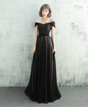 Black Lace Tulle Long Prom Evening Dress