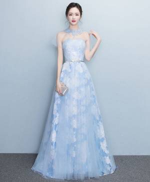 Blue Tulle Long Prom Evening Dress