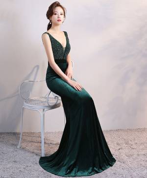 Green V-neck With Velvet Long Prom Mermaid Evening Dress