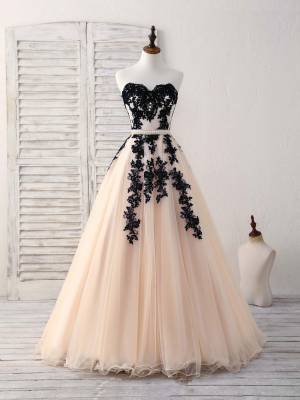 Black Tulle Lace With Applique Long Prom Evening Dress