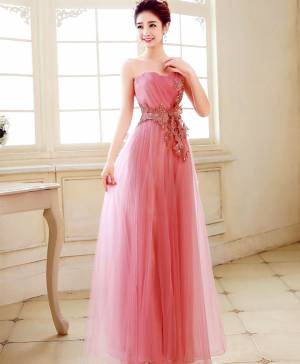 Pink Tulle Sweetheart Long Prom Evening Dress