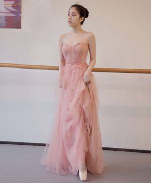 Pink Tulle Cute Long Prom Evening Dress
