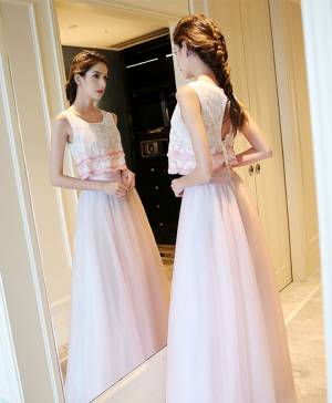 Pink Tulle Lace Cute Long Prom Evening Dress