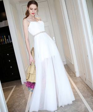 White Sweetheart Long Prom Evening Dress