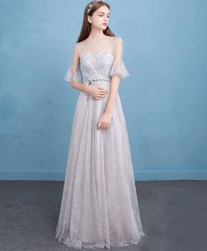 Gray Lace Cute Long Prom Evening Dress