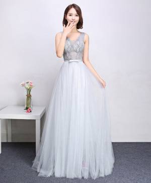 Gray Tulle Lace V-neck Long Prom Evening Dress