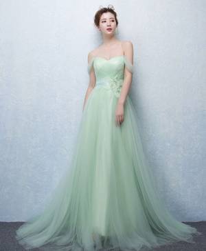 Simple A Line Green Tulle Prom Evening Dress