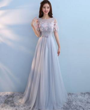 Gray Tulle Lace Cute Long Prom Evening Dress