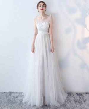 White Lace Tulle Elegant Long Prom Evening Dress