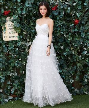 White Tulle V-neck Long Prom Evening Dress