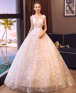 White Lace Tulle Round Neck Long Prom Wedding Dress