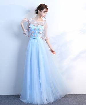 Blue Tulle Round Neck With 3d Applique Long Prom Evening Dress