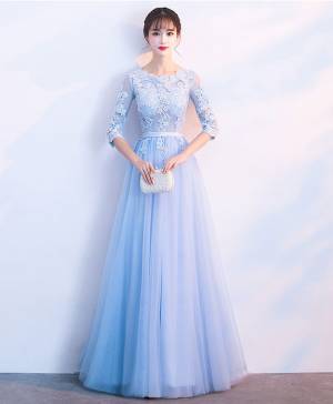 Blue Tulle Lace Long Prom Bridesmaid Dress
