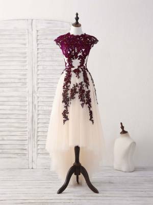 Burgundy Lace Tulle High Low Prom Bridesmaid Dress