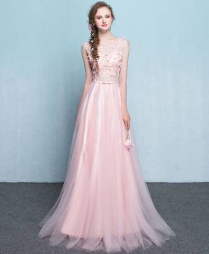 Pink Lace See Through Long Prom Evening Dress