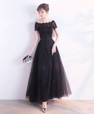 Black Tulle Tea-length Simple Prom Evening Dress