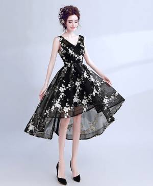 Black Lace V-neck Short/Mini High Low Prom Evening Dress