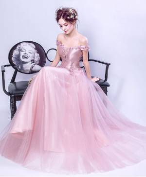 Pink Tulle Lace V-neck Long Prom Evening Dress
