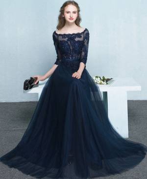Dark/Blue Lace Long-sleeves Long Prom Evening Dress
