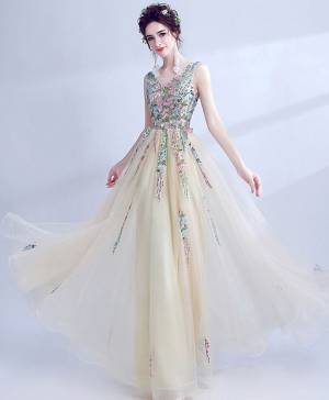 Champagne Tulle Long Prom Evening Dress