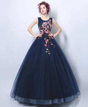 Blue Lace Round Neck Ball Gown Long Prom Formal Dress
