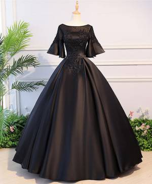 Black Satin Lace Round Neck Long Prom Sweet 16 Dress