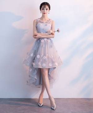 Gray Tulle Round Neck High Low Prom Homecoming Dress