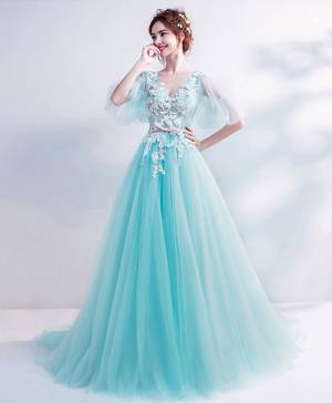 Blue Tulle Lace Long Prom Formal Bridesmaid Dress