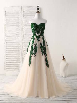 Green Tulle Lace Sweetheart A-line With Applique Long Prom Bridesmaid Dress