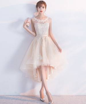 High Low Champagne Tulle Lace Short/Mini Prom Dress