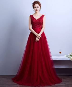 Burgundy Lace Tulle V-neck Long Prom Formal Dress