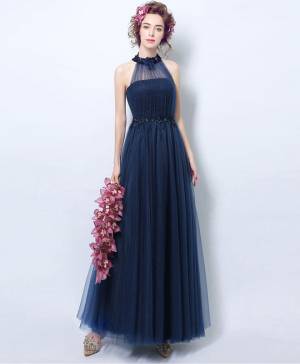 Blue Tulle Tea-length Simple Long Prom Evening Dress